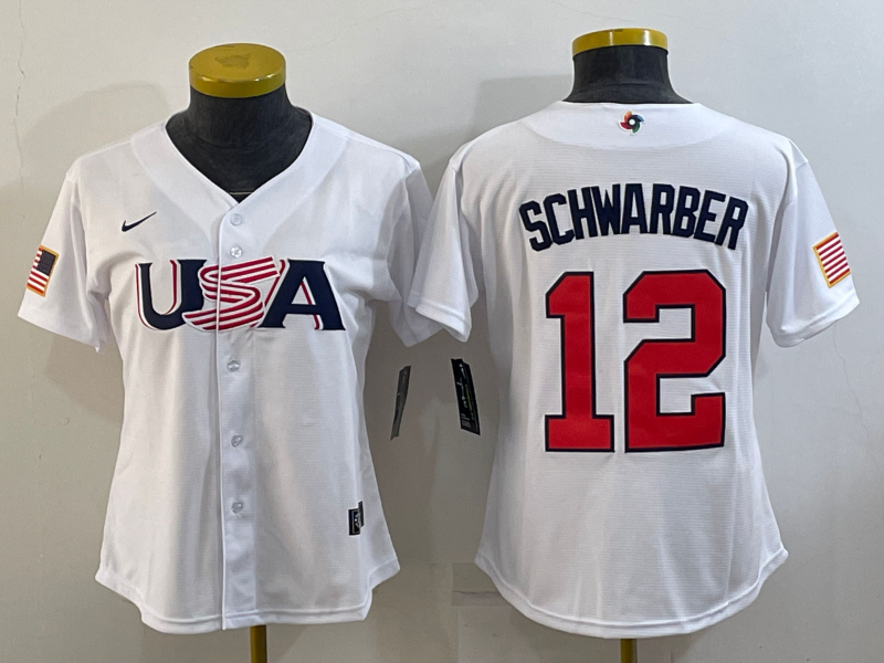 Women's White USA Baseball #12 Kyle Schwarber 2023 World Baseball Classic Stitched Jersey(Run Small)